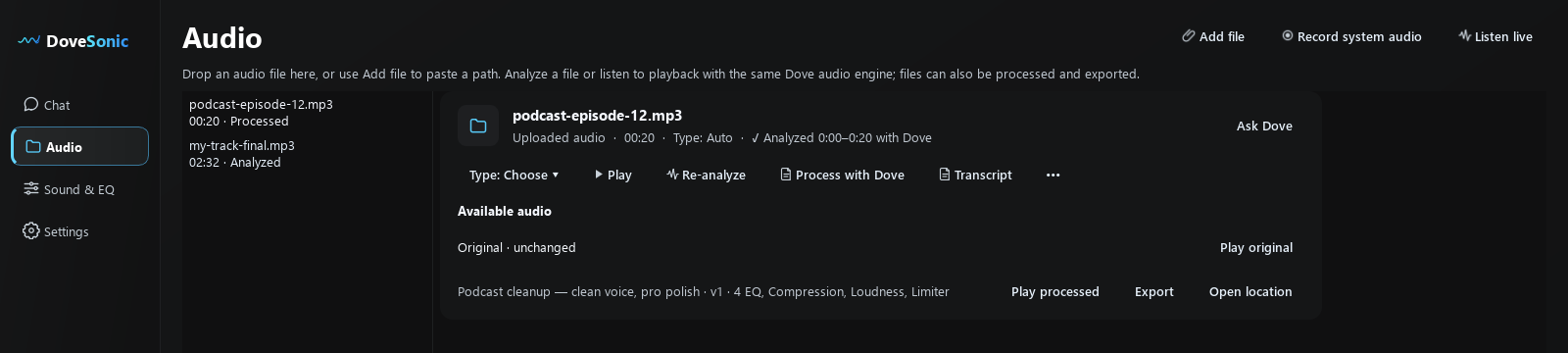 Audio Library with an original and a processed version