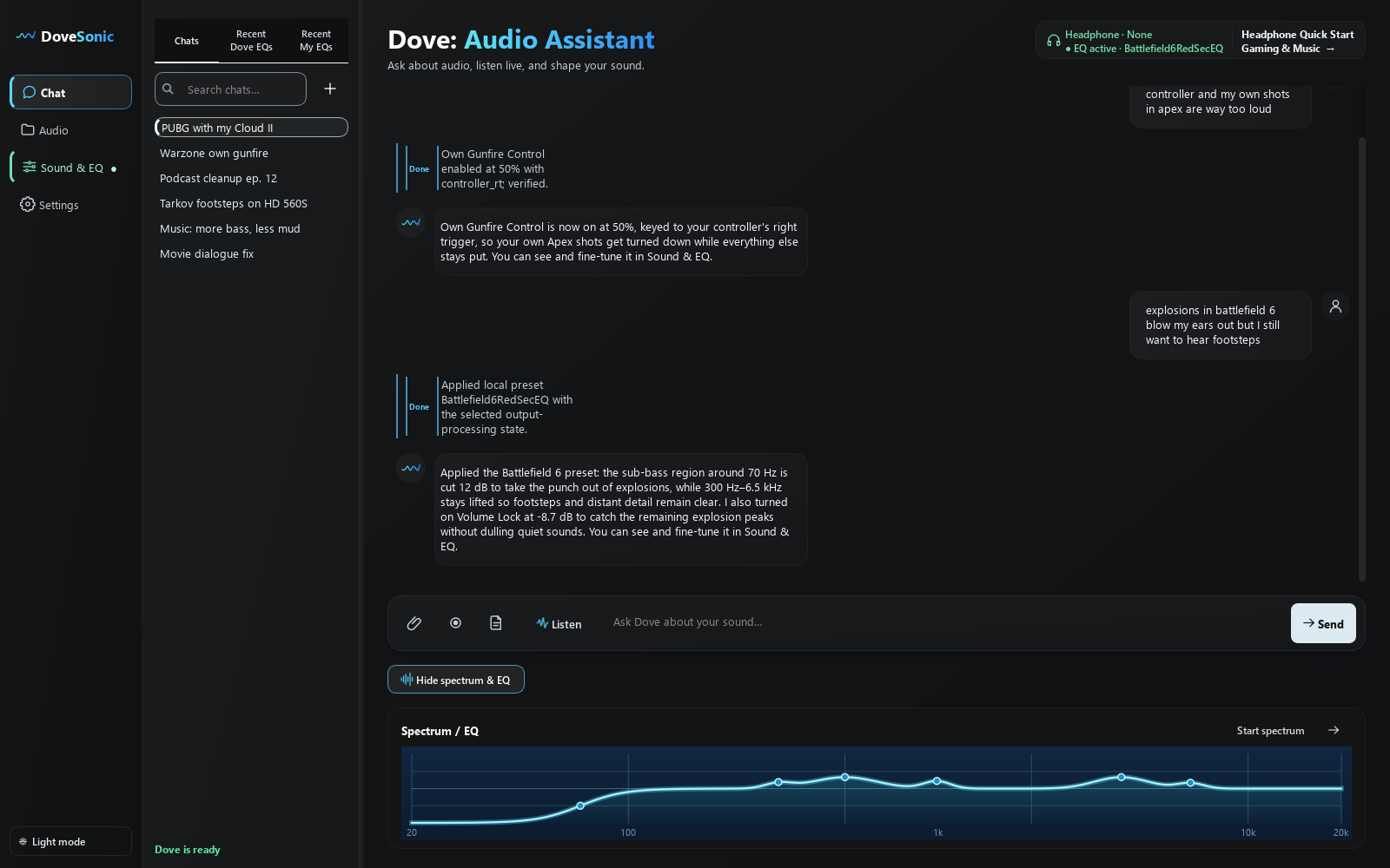 Dove enabling Own Gunfire Control for a controller and Volume Lock for Battlefield 6 explosions