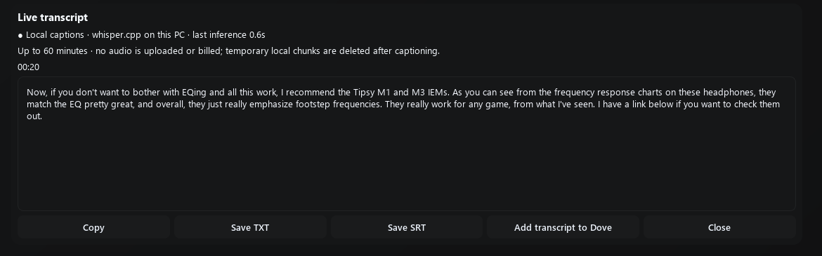 Live Transcript captioning playback locally