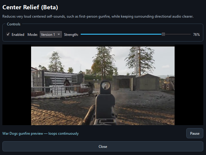 Lower Own Gunfire Center Relief beta dialog with strength slider and live gunfire preview