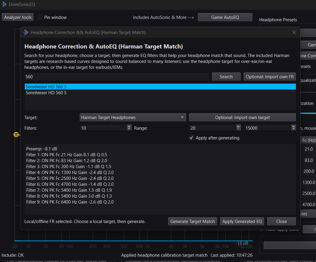 DoveSonicEQ headphone correction and target matching