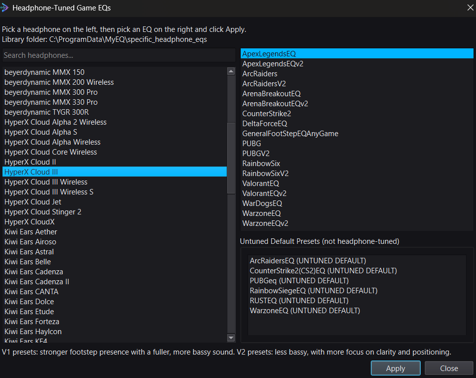 Headphone-Tuned Game EQs dialog with headphone list and V1 V2 game mixes