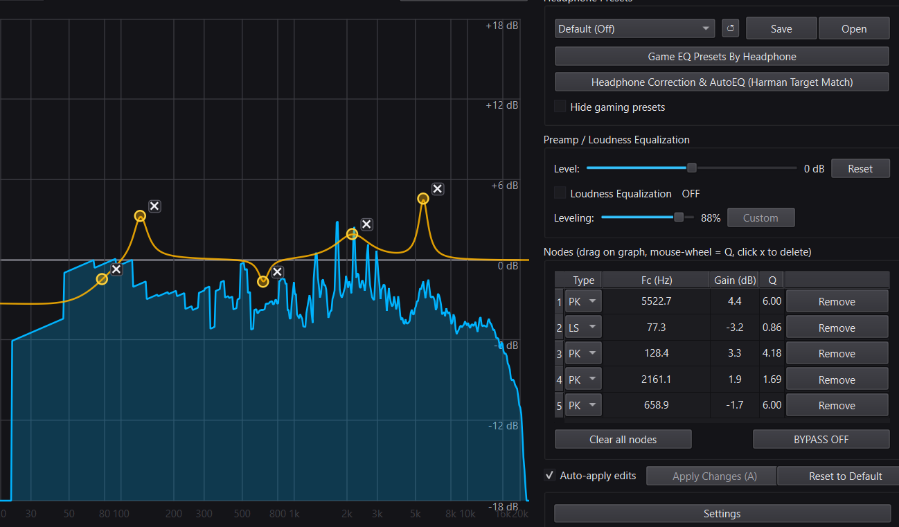 DoveSonicEQ live EQ nodes and spectrum analyzer
