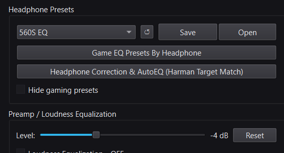DoveSonicEQ presets, save, and open controls