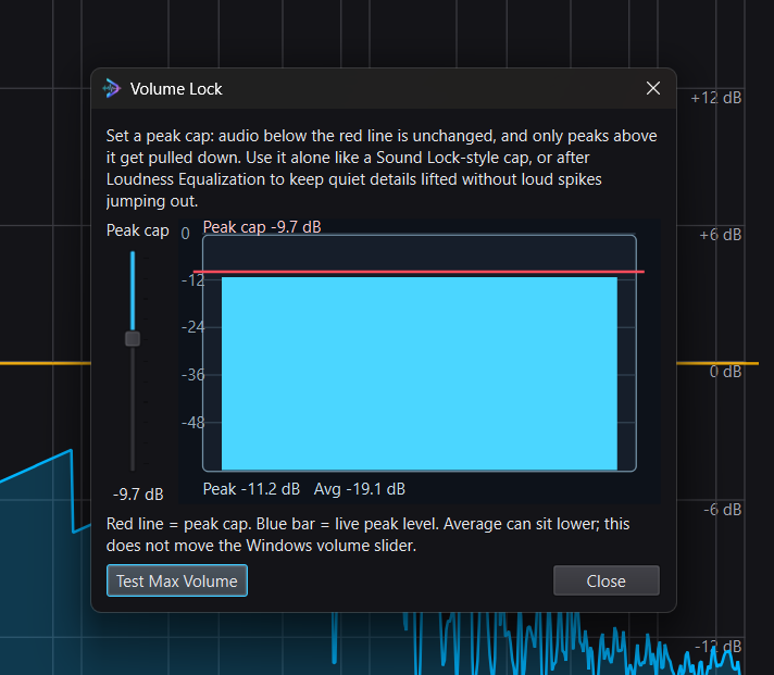 DoveSonicEQ Volume Lock peak cap and live meter
