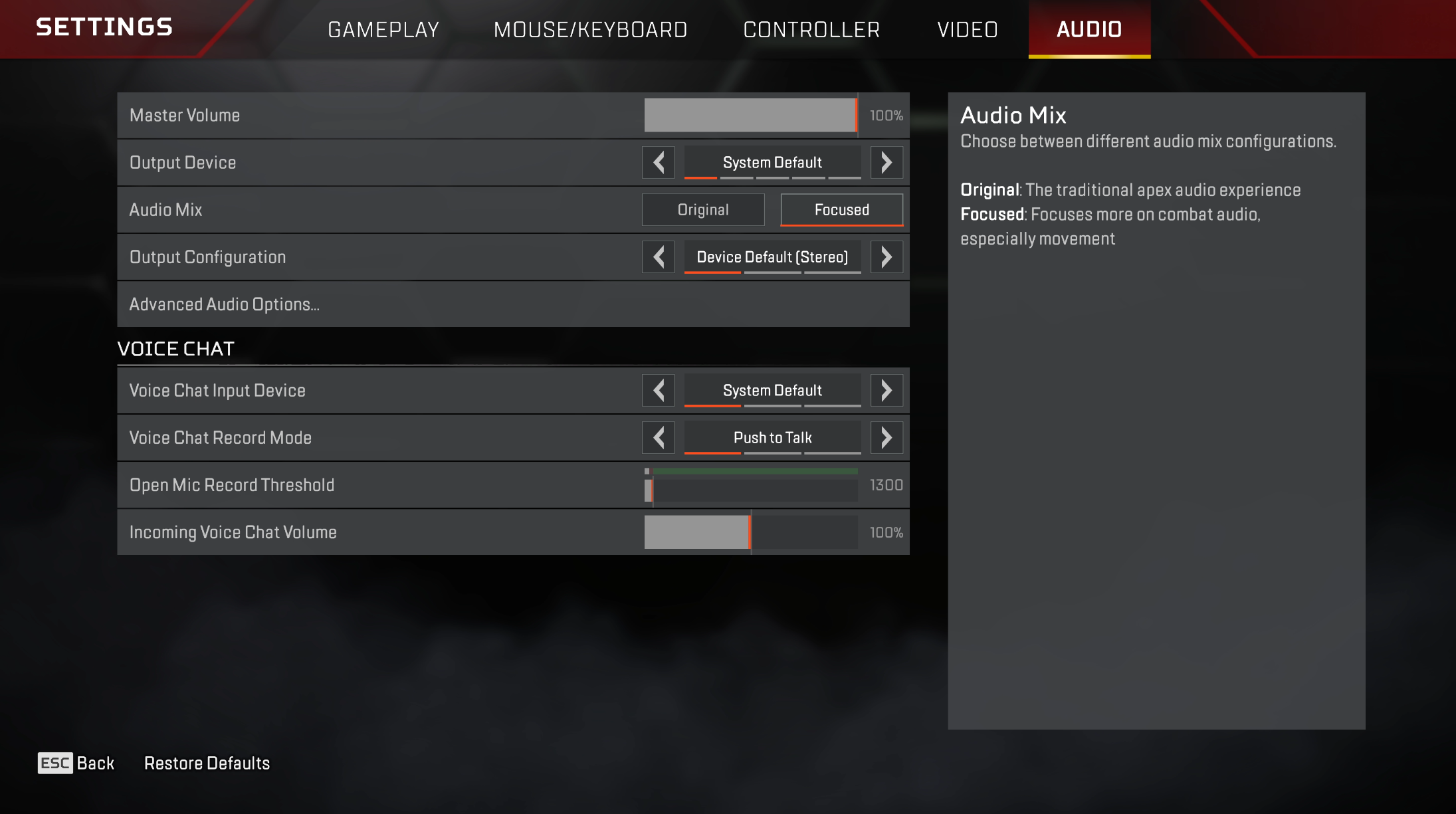 Apex Legends audio settings with Focused audio mix selected for clearer footsteps