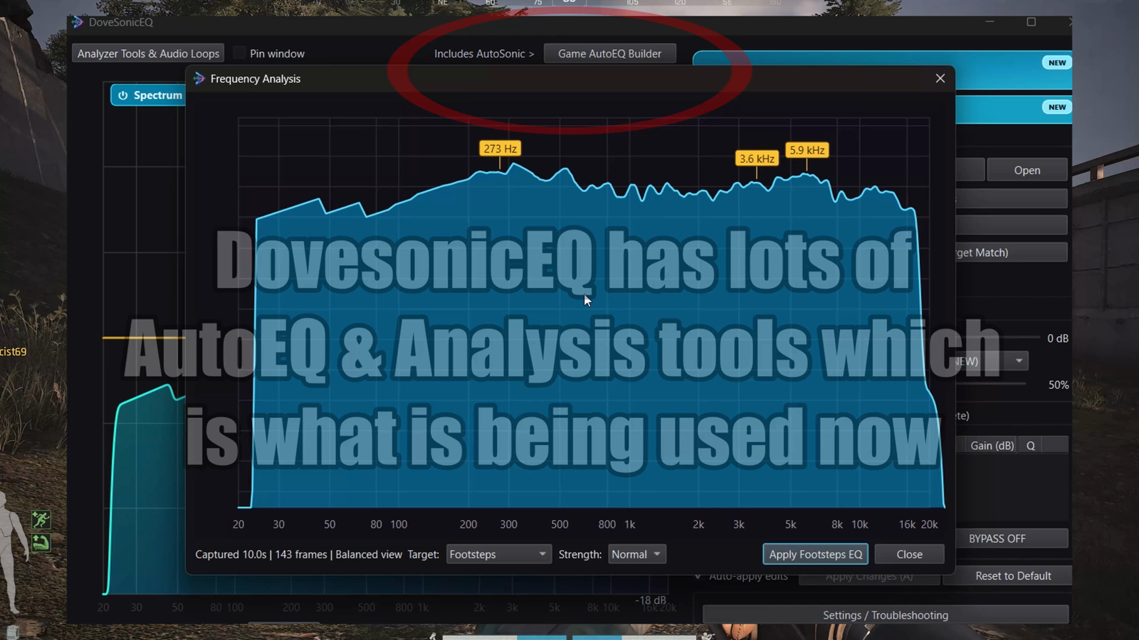 Arena Breakout footstep frequency analysis in DoveSonicEQ showing important movement frequencies