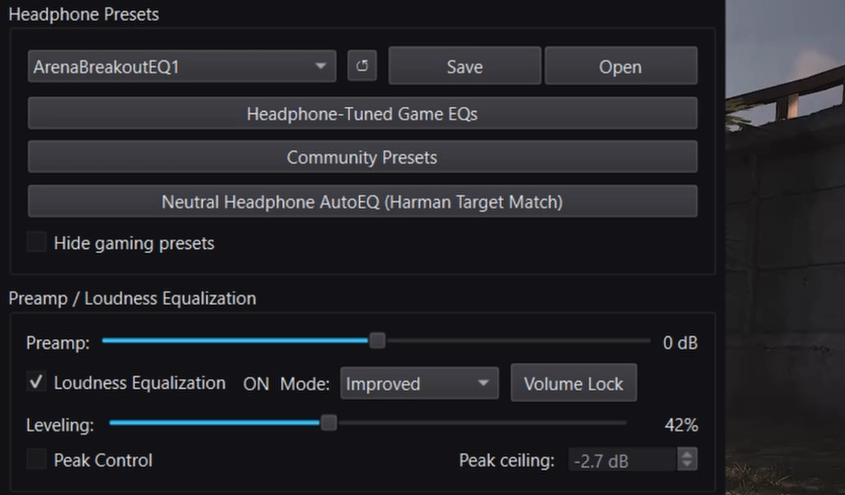 DoveSonicEQ Loudness Equalization set to 42 percent for Arena Breakout footsteps