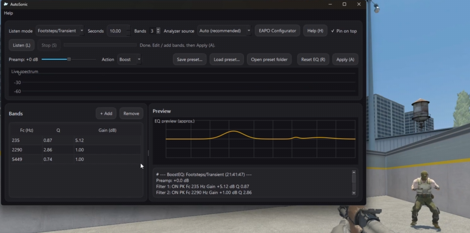 Best EQ settings for footsteps: boost 150-450Hz, 1k-3.5k, and 4-5k for FPS gaming audio