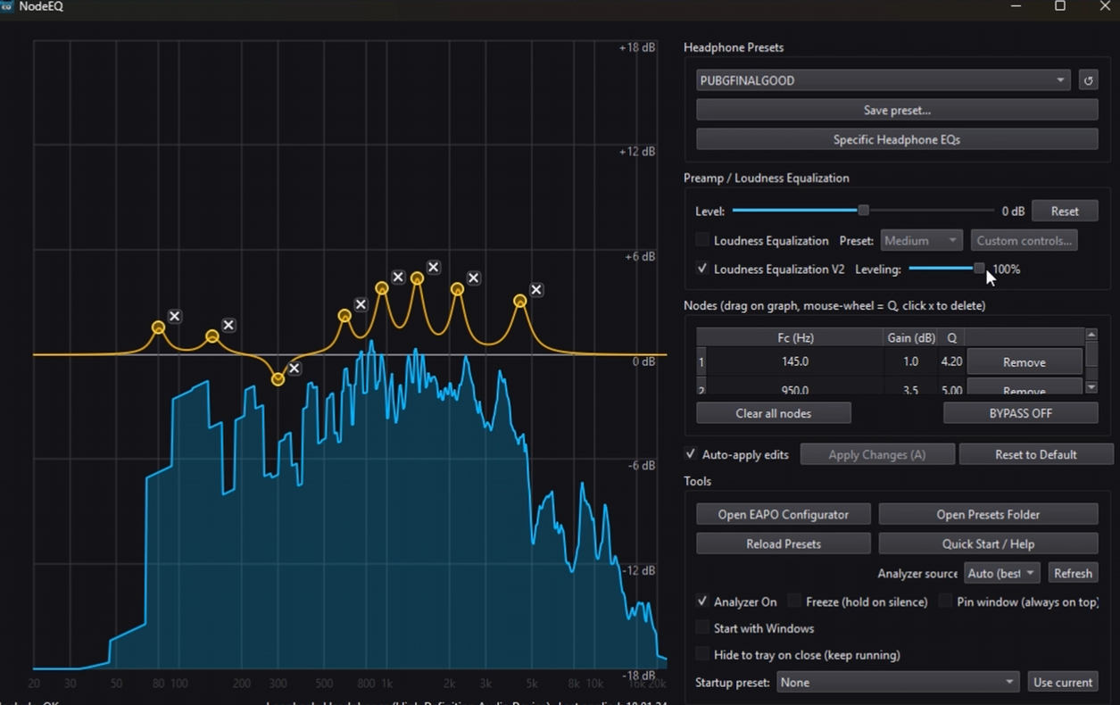 Best PUBG EQ settings for footsteps shown in NodeEQ with live spectrum analysis