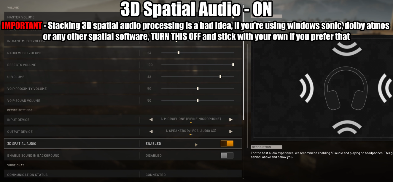 WARDOGS audio settings with Effects Volume at maximum and 3D Spatial Sound enabled